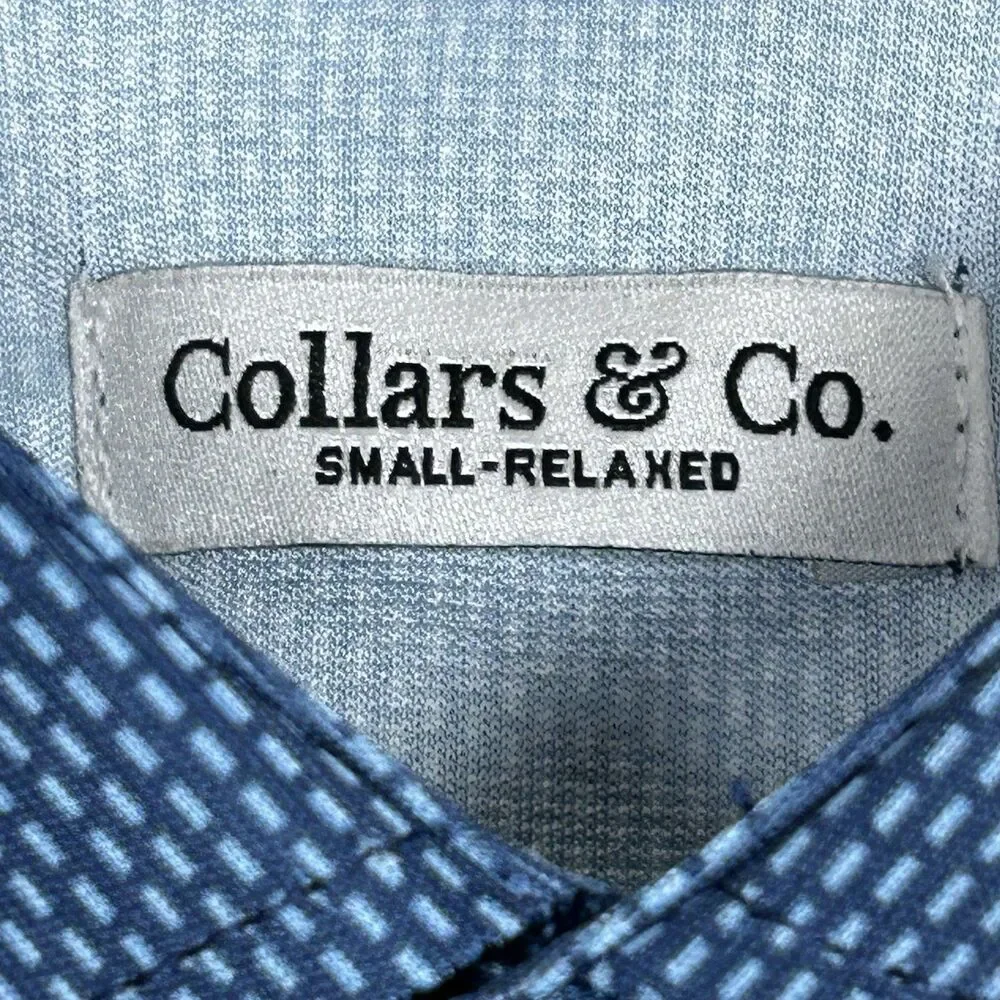 Collars & Co Polo Shirt Mens Small Blue Geo Relaxed Dress Collar Stretch NWT